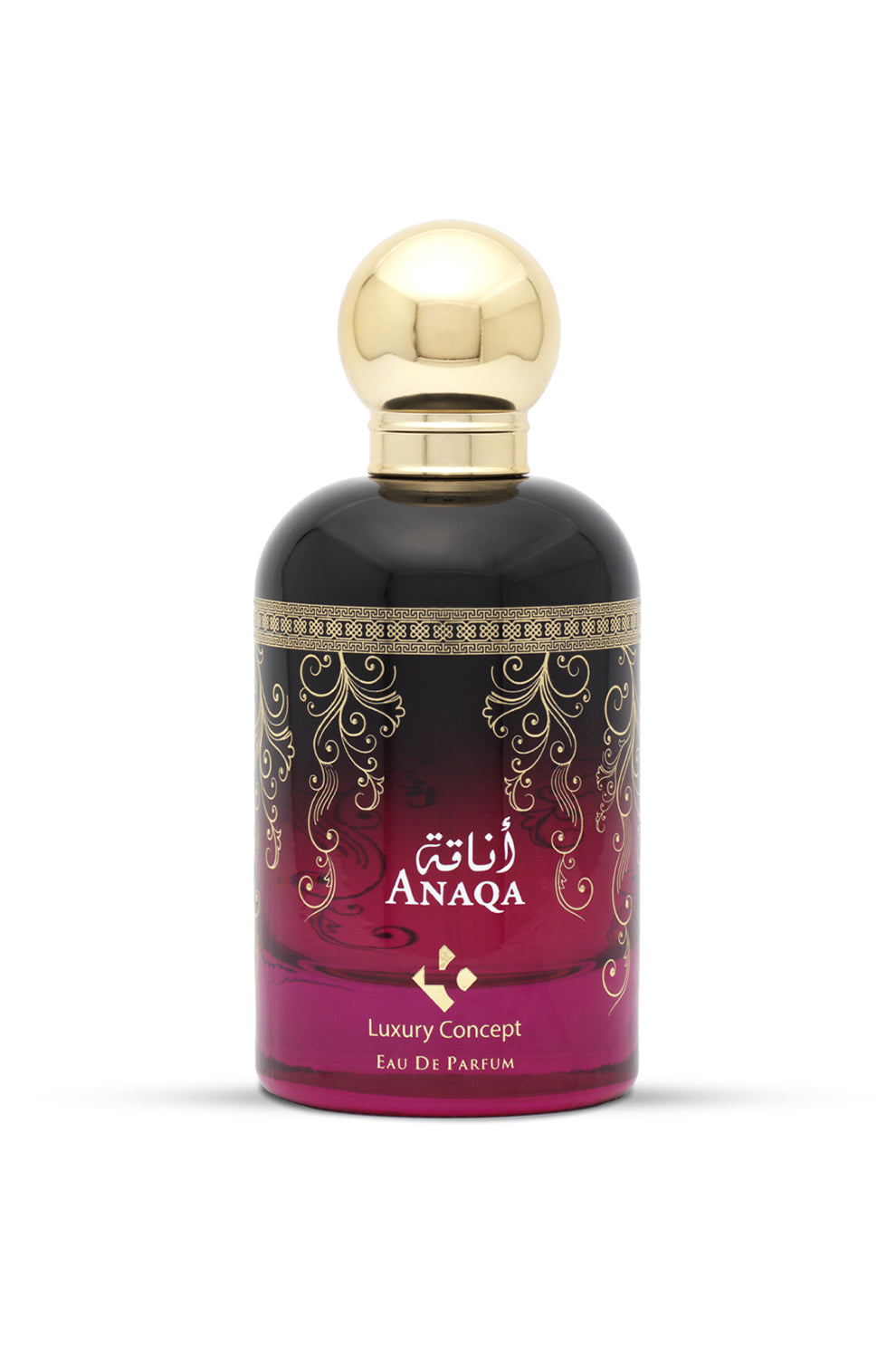 A purple bottle of ANAQA luxury perfume with a gold cap and decorative patterns on the label.