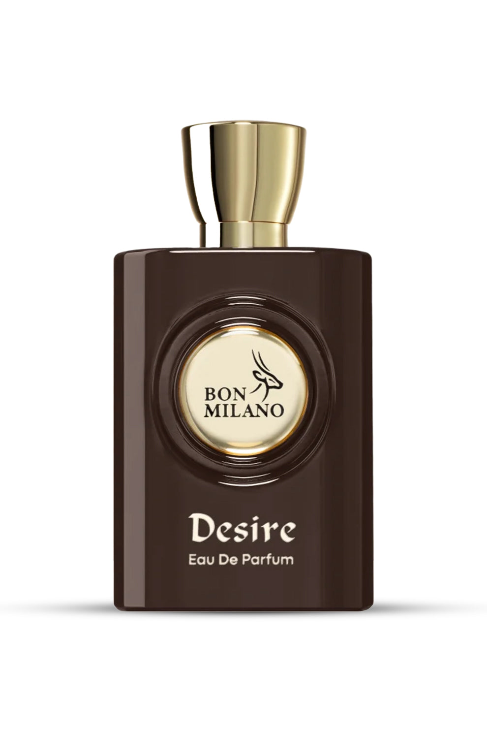 A dark brown bottle of Bon Milano Desire EDP perfume with a gold-colored cap.