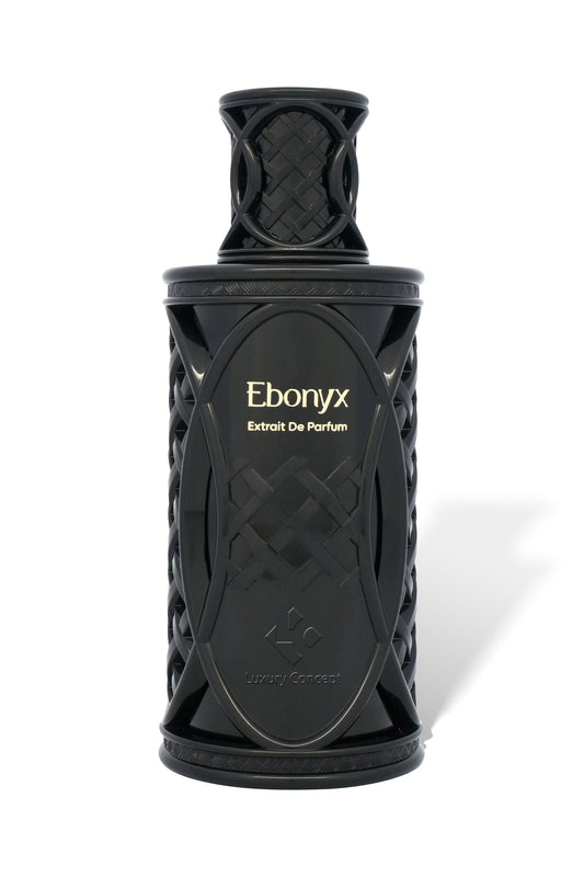 Front view of Ebonyx by Luxury Concept featuring a black opaque eau de parfum bottle with netted cap and modern Mercury inspired design