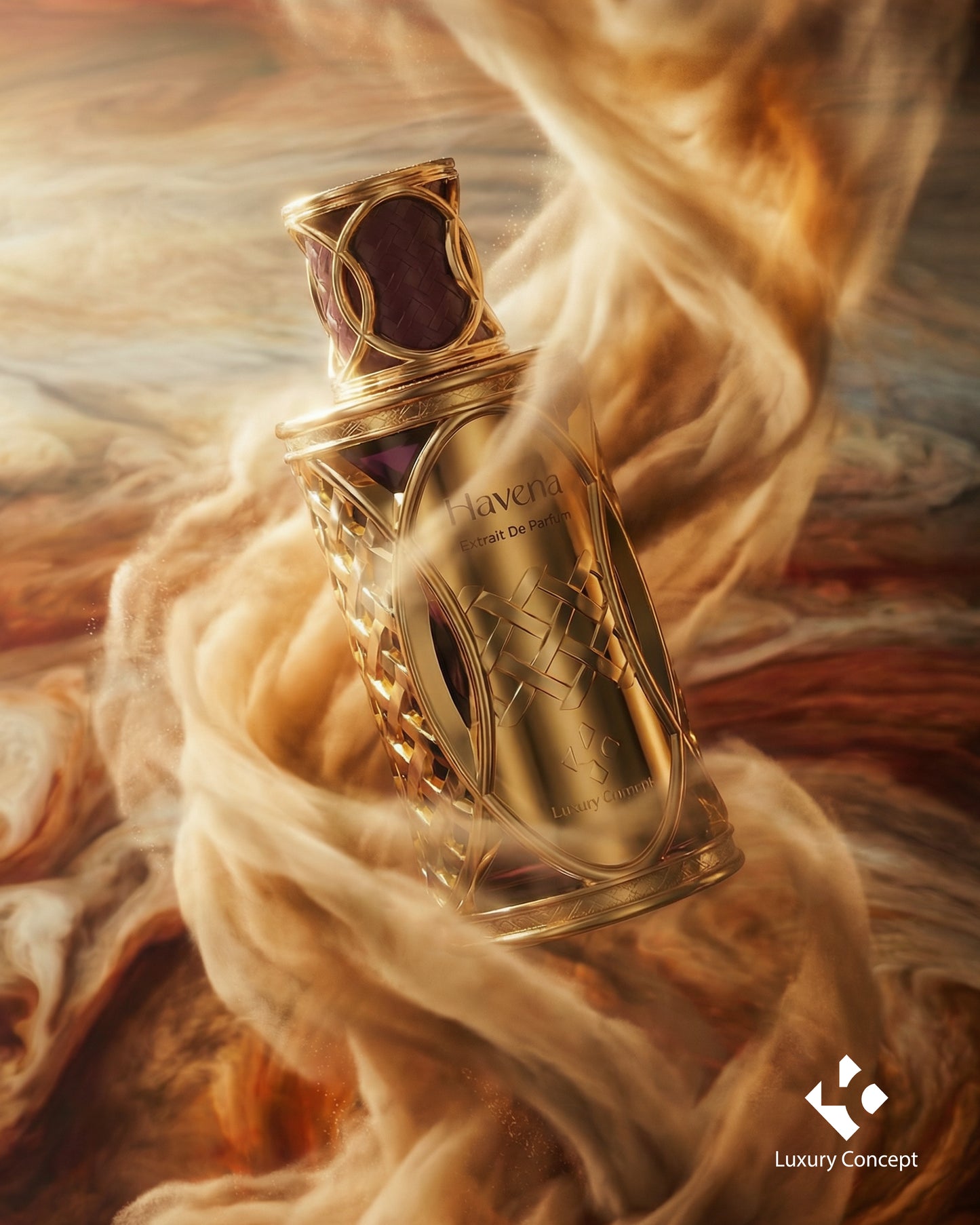 Havena Jupiter inspired luxury fragrance with radiant amber tones and celestial warm atmosphere from the Cosmos Collection