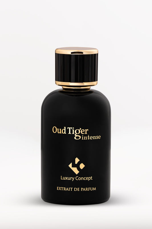 Matte black Oud Tiger perfume bottle with gold typography and bold geometry, suggesting powerful oriental richness and confident presence.