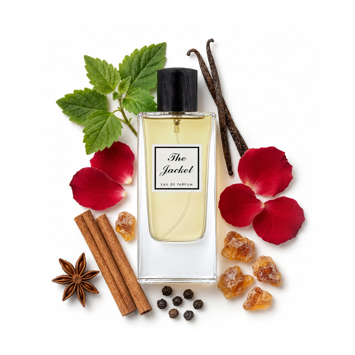 The jacket is a fresh floaral perfume with spicy notes