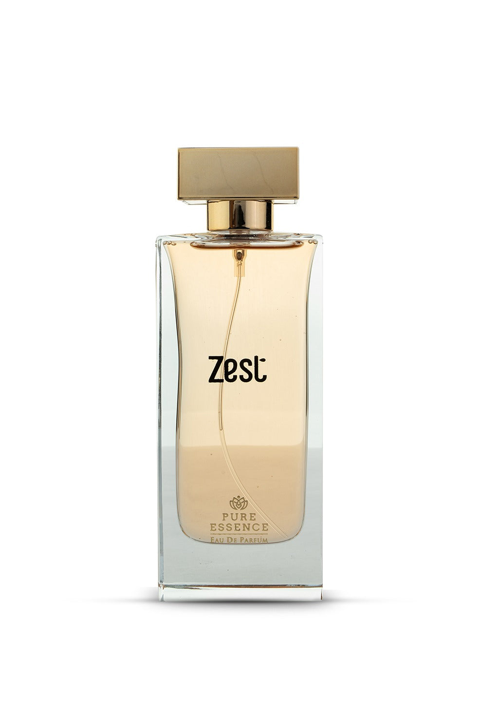 French Perfume from Luxury Concept. Woody Chypre leather perfume. A clear glass bottle of ZEST eau de parfum with a gold-colored cap.