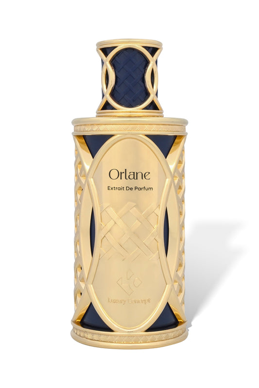 Orlane gold and deep blue luxury perfume bottle with elegant fluid aesthetic and soft musk amber fragrance by Luxury Concept