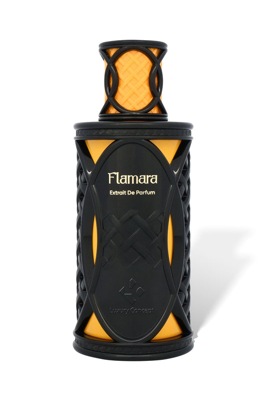 Flamara is an orange and black luxury perfume bottle with netted design and bold warm spicy fragrance by Luxury Concept