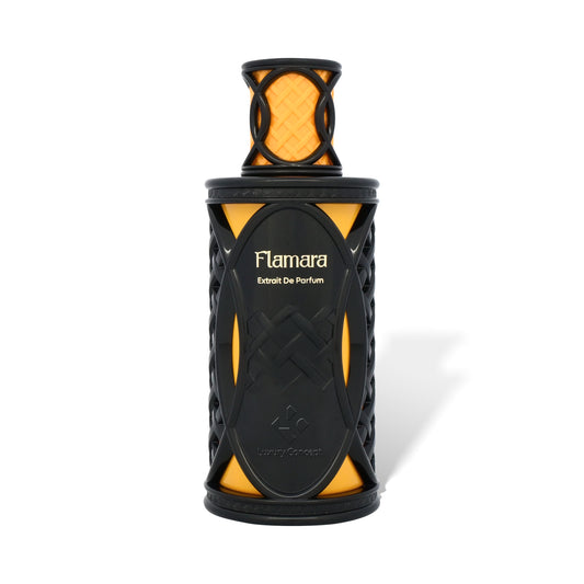 Flamara is an orange and black luxury perfume bottle with netted design and bold warm spicy fragrance by Luxury Concept