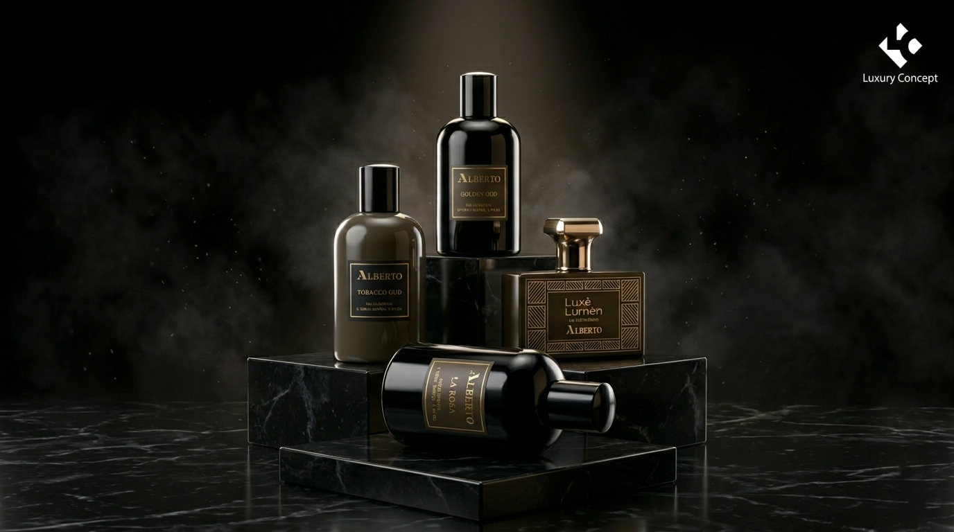 Alberto perfume collection from luxury concept. Have a podium with perfumes of La rosa, Golden Oud, Tobacco Oud and Luxe lumen. 