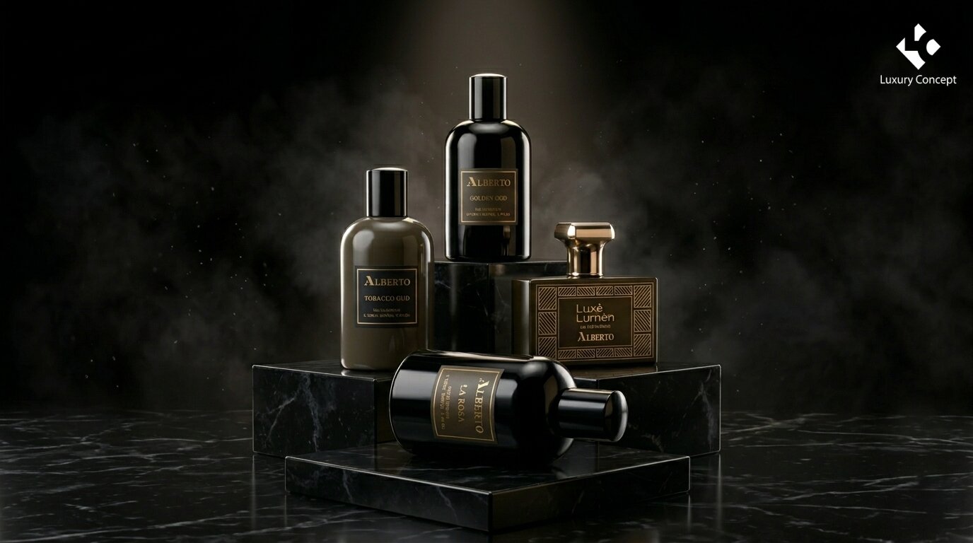 Alberto perfume collection banner by Luxury Concept, European fragrances with oud depth