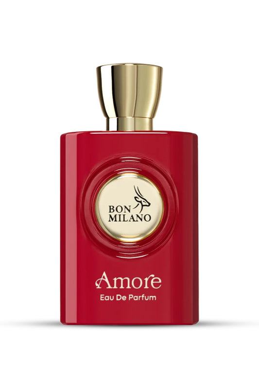 A red perfume bottle with a gold-colored cap, labeled 'Bon Milano AMORE EDP 100 ML'.