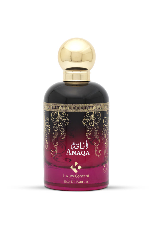 A purple bottle of ANAQA luxury perfume with a gold cap and decorative patterns on the label.