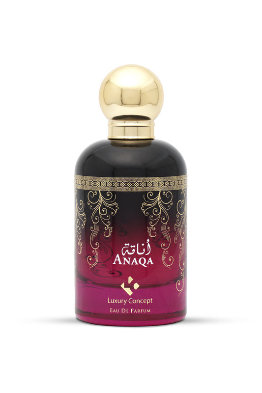 A purple bottle of ANAQA luxury perfume with a gold cap and decorative patterns on the label.