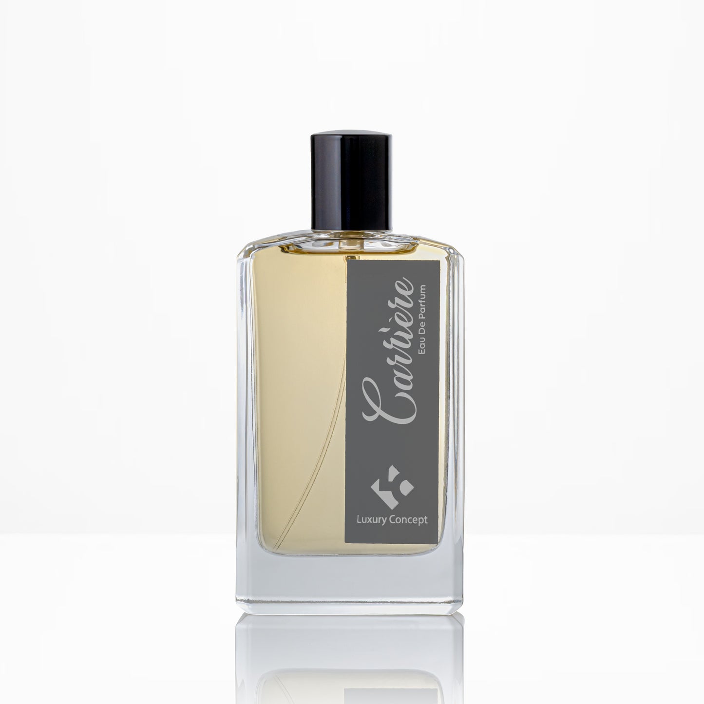 Perfume bottle with a black cap and visible brand name on a white background