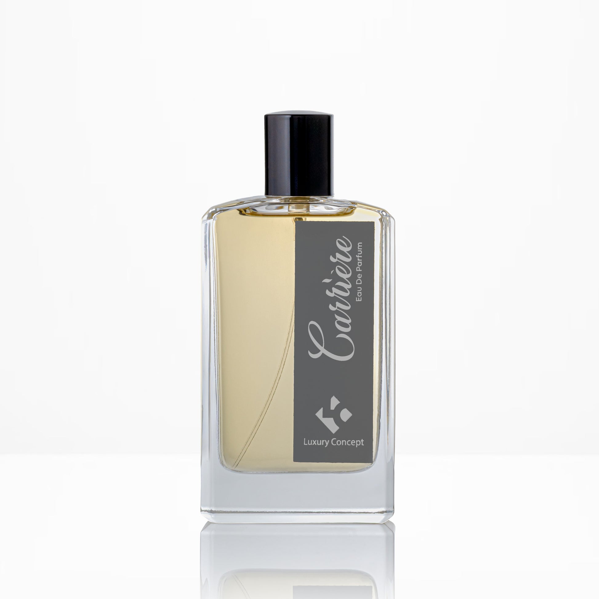 Perfume bottle with a black cap and visible brand name on a white background