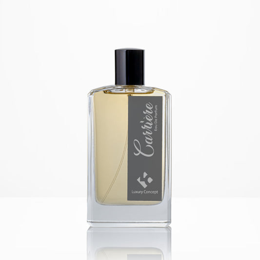 Perfume bottle with a black cap and visible brand name on a white background