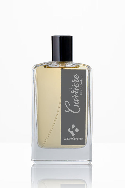 Perfume bottle with a black cap and visible brand name on a white background