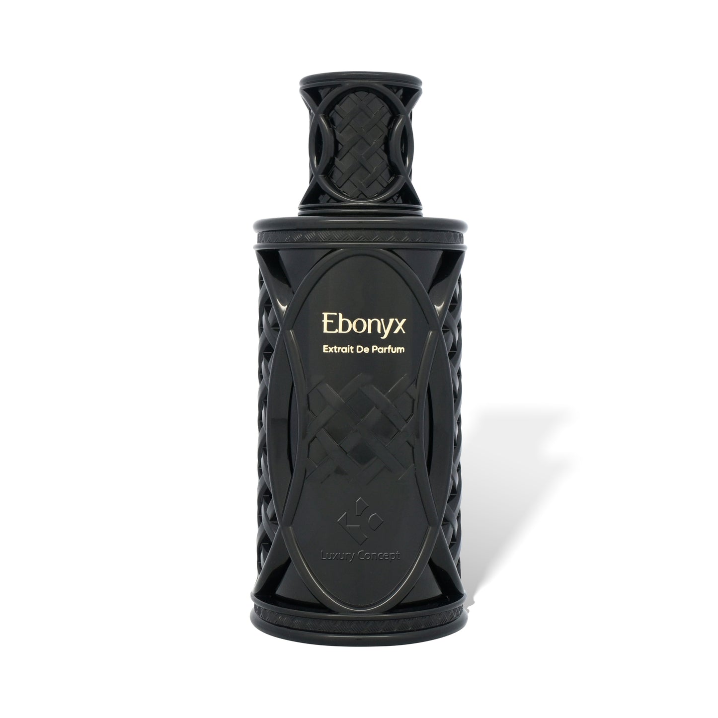 Front view of Ebonyx by Luxury Concept featuring a black opaque eau de parfum bottle with netted cap and modern Mercury inspired design
