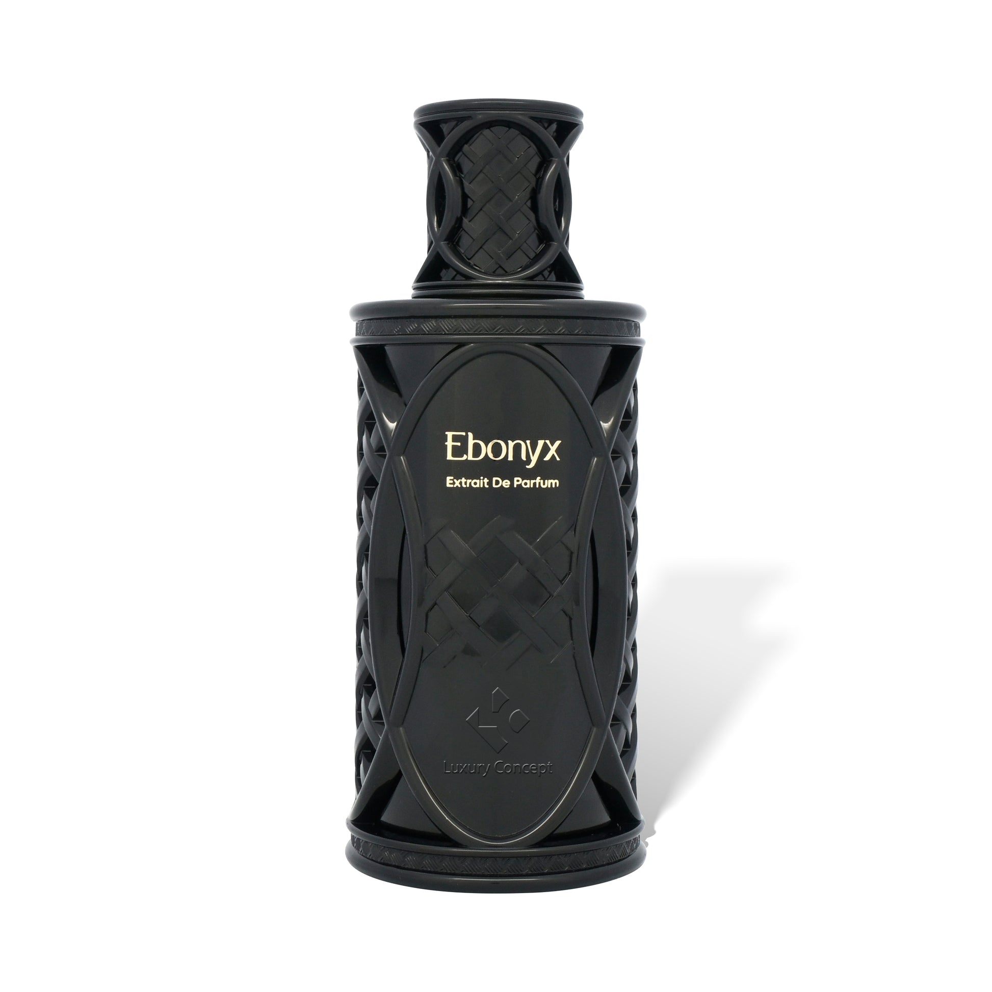 Front view of Ebonyx by Luxury Concept featuring a black opaque eau de parfum bottle with netted cap and modern Mercury inspired design