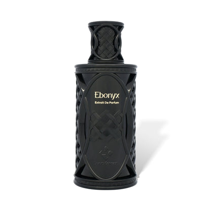 Front view of Ebonyx by Luxury Concept featuring a black opaque eau de parfum bottle with netted cap and modern Mercury inspired design
