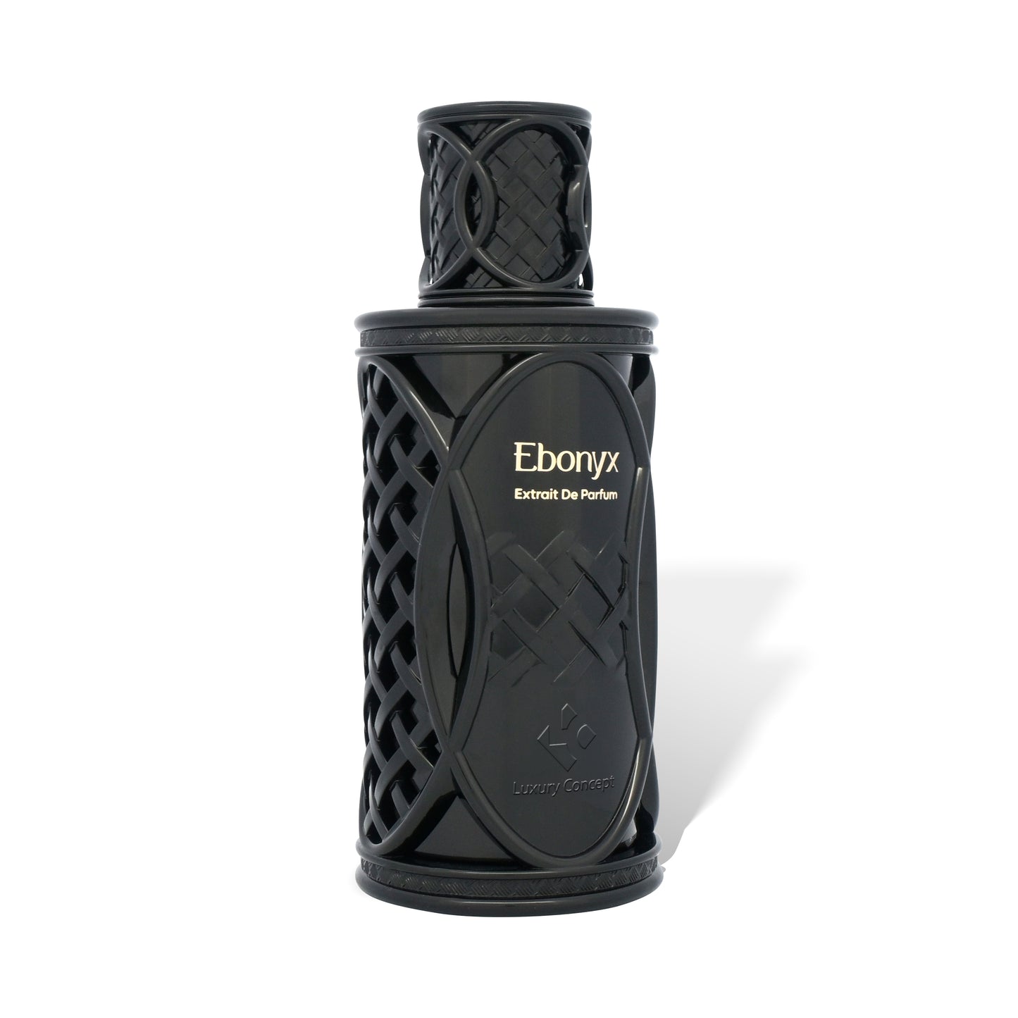 Angled view of Ebonyx luxury fragrance bottle with black opaque finish, textured netted detailing and sleek unisex perfume aesthetic