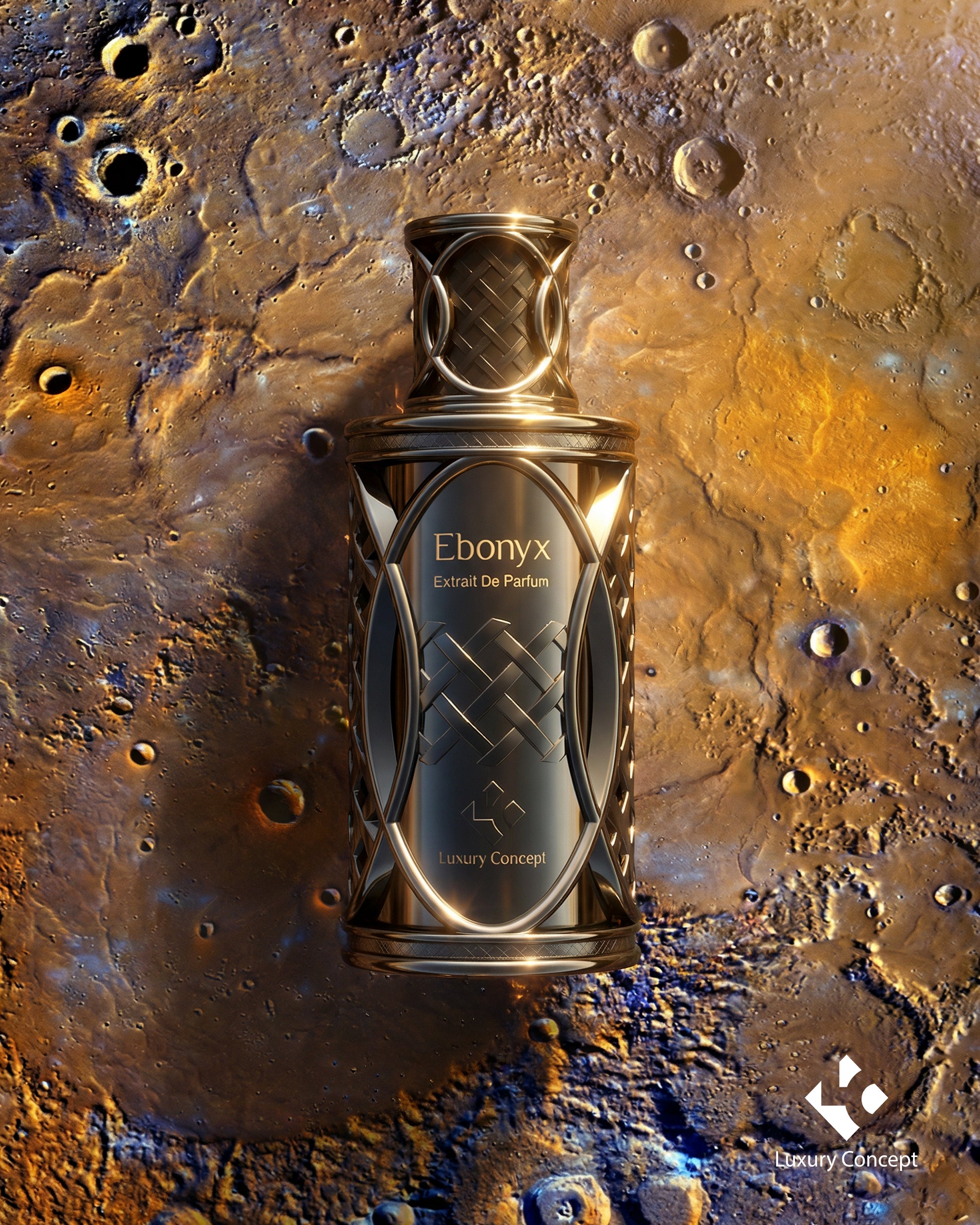 Ebonyx by Luxury Concept with Mercury inspired cosmic background and sleek black eau de parfum bottle from the Cosmos Collection