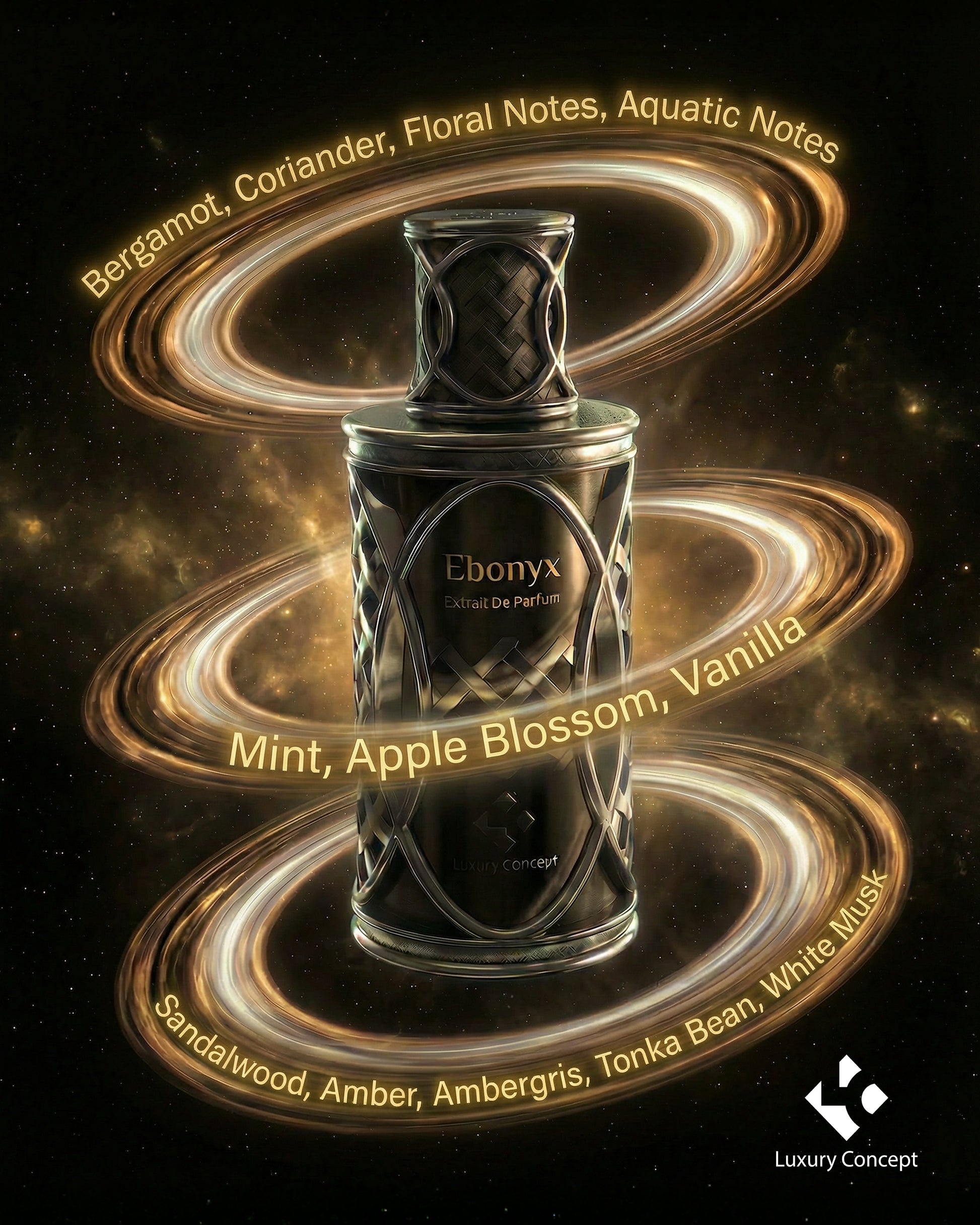 Ebonyx luxury unisex fragrance with bergamot aquatic notes mint sandalwood amber tonka bean and white musk accords
