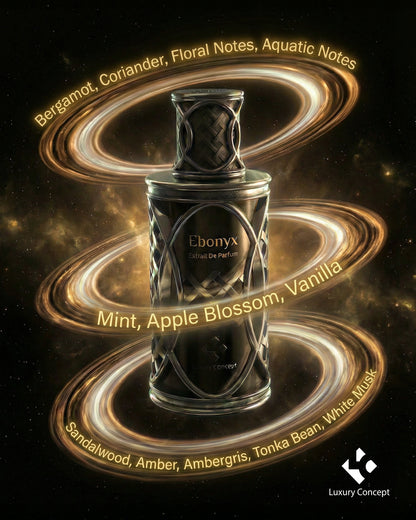 Ebonyx luxury unisex fragrance with bergamot aquatic notes mint sandalwood amber tonka bean and white musk accords