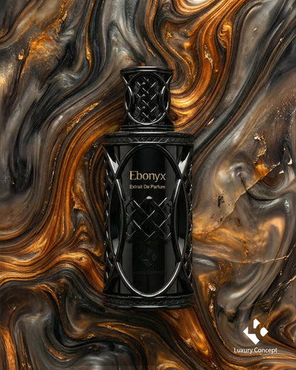 Ebonyx by Luxury Concept placed on creamy textured surface with dark woody musk fragrance aesthetic and luxury black bottle design