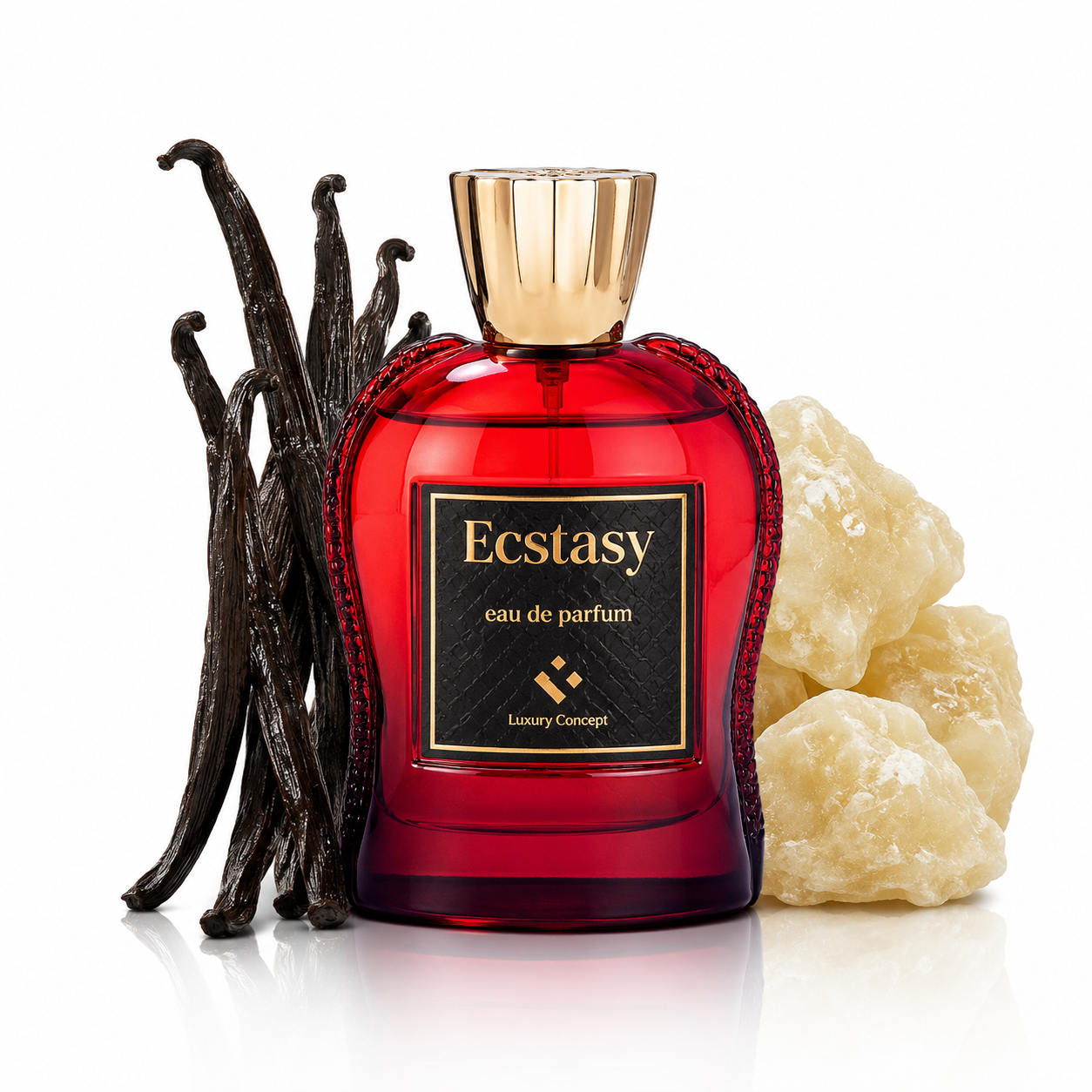 Ecstasy is a gourmand boozy perfume. A red glass perfume bottle labeled 'Ecstasy eau de parfum' by Luxury Concept, styled with vanilla beans on the left and raw sugar crystals on the right, on a white background.