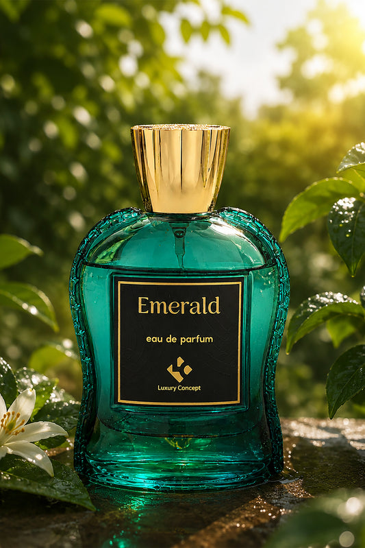 Emerald eau de parfum perfume bottle with a gold cap and black label, set outdoors on a wet stone surface with green leaves and a white lily flower in a sunny garden.