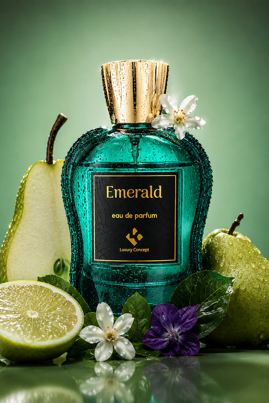 Emerald Eau de Parfum is a floral fresh citrus perfume with bottle with a gold cap, surrounded by fresh green pears, a halved lime, purple and white flowers, and green leaves on a reflective green surface.