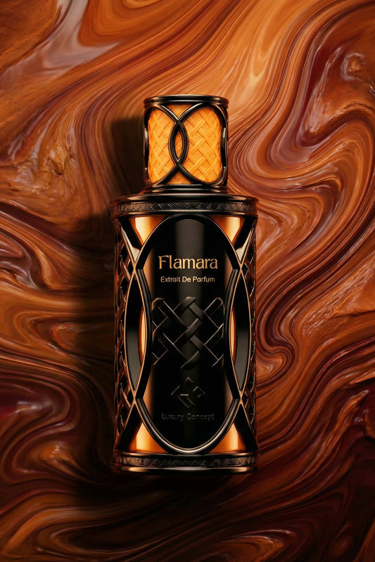 Flamara perfume bottle on a swirling brown and orange background