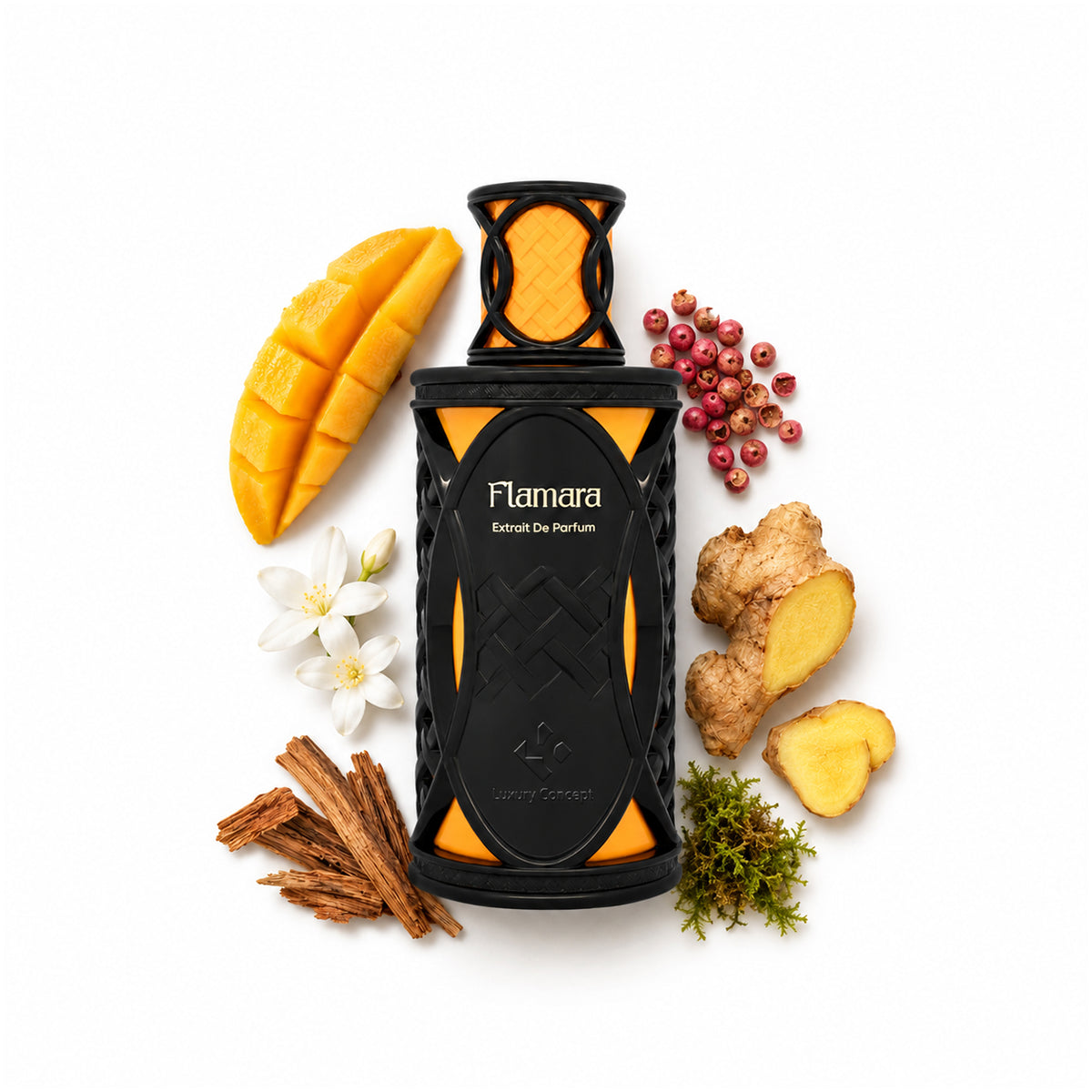 Flamara is a extrait de parfum with mango perfume notes and pink pepper. It has a luxury long lastin ginger perfume profile as well.