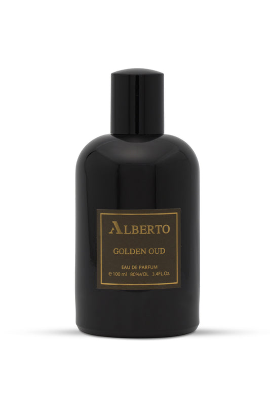 A black bottle of Alberto GOLDEN OUD eau de parfum with a gold label.