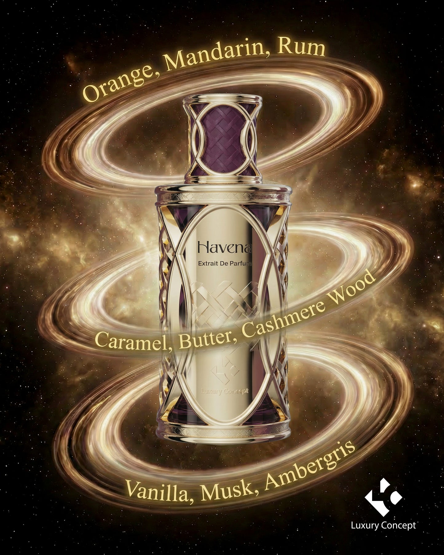 Havena luxury fragrance featuring orange rum caramel vanilla musk and cashmere wood notes in a refined amber composition from Luxury Concept