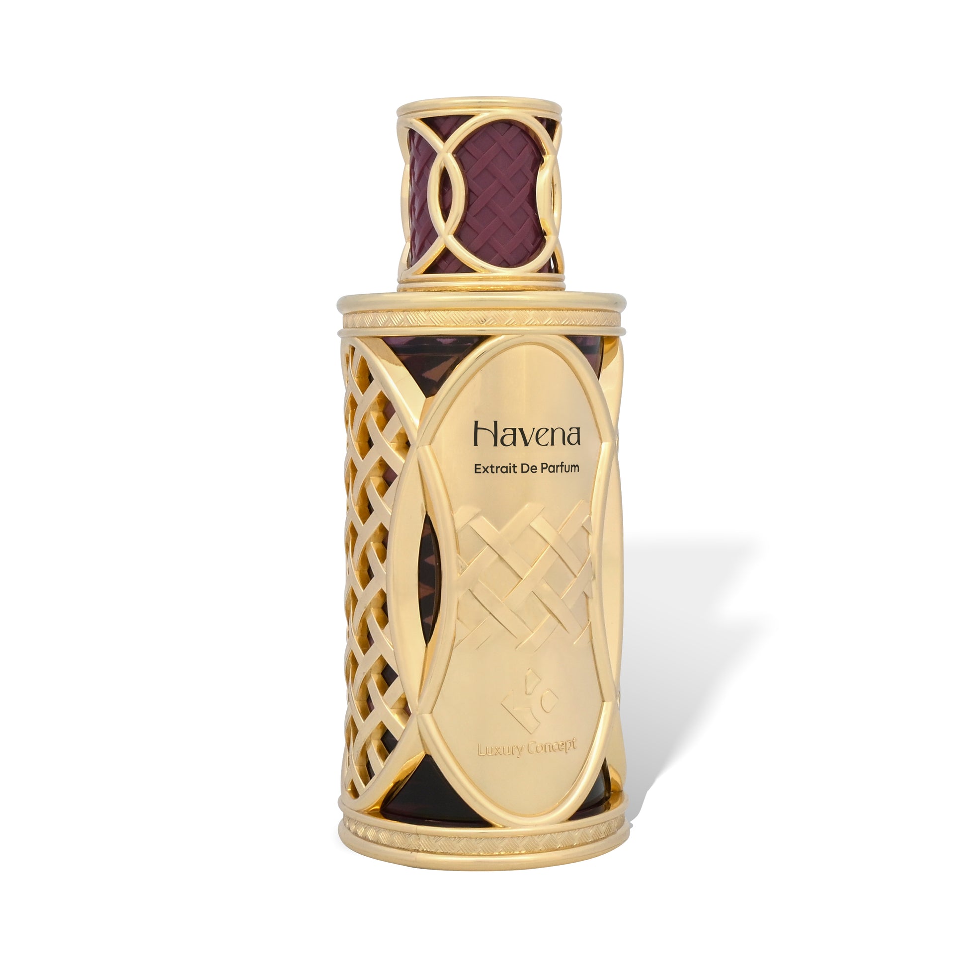 Angled view of Havena luxury unisex amber perfume bottle with rich amber vanilla and cashmere wood accords from Luxury Concept