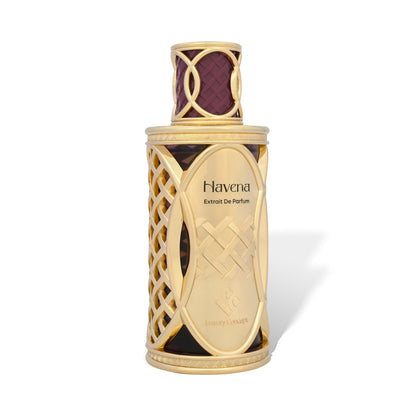 Angled view of Havena luxury unisex amber perfume bottle with rich amber vanilla and cashmere wood accords from Luxury Concept