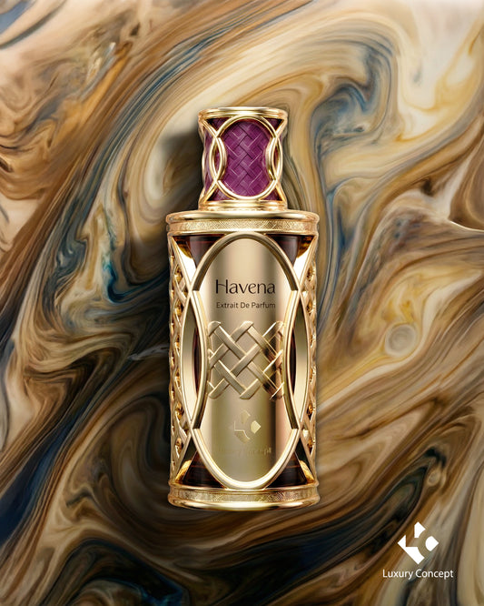 Havena warm amber luxury perfume bottle placed on creamy caramel texture with luminous gourmand aesthetic from Luxury Concept