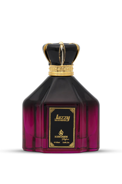 A perfume bottle with a deep purple liquid and a black and gold cap. The label reads 'JAZZY' and indicates the fragrance as 'Luxury Concept'.