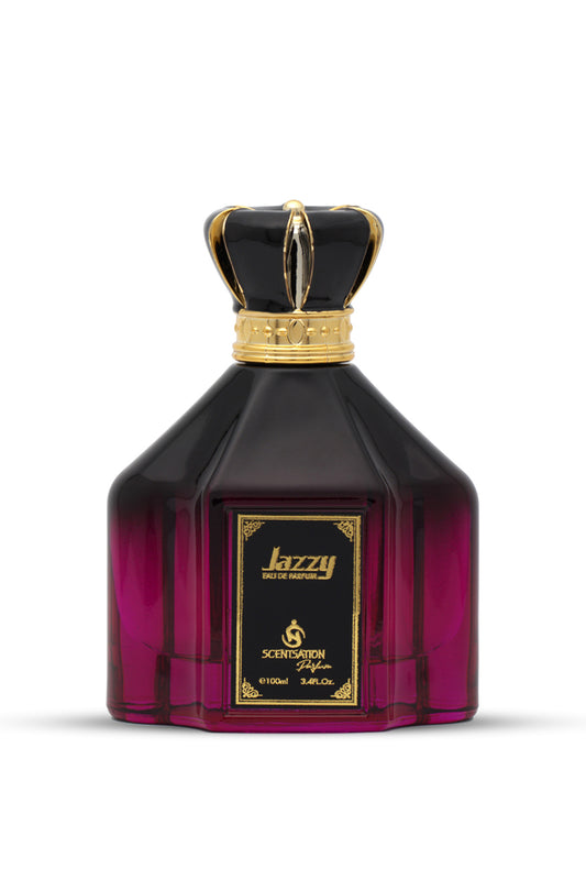 A perfume bottle with a deep purple liquid and a black and gold cap. The label reads 'JAZZY' and indicates the fragrance as 'Luxury Concept'.