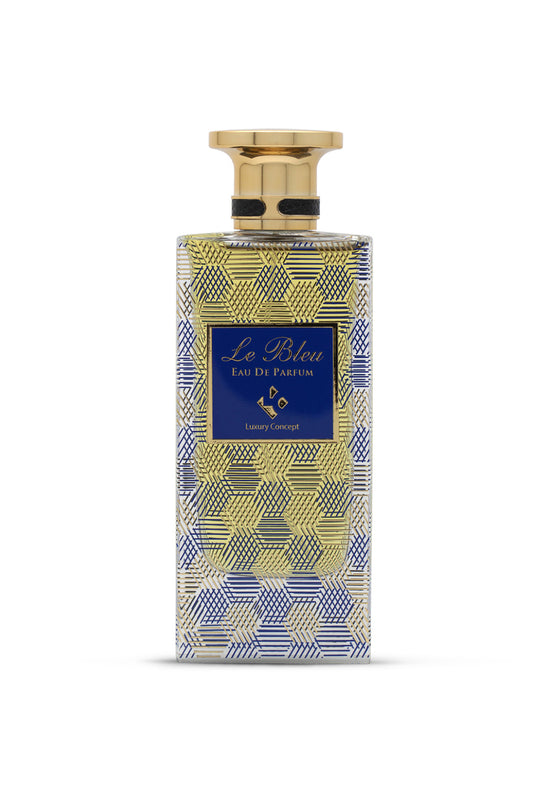 A woody oud oriental perfume, bottle with a geometric pattern, predominantly blue with gold accents, and a label that reads 'Le Bleu Eaux de Parfum'.