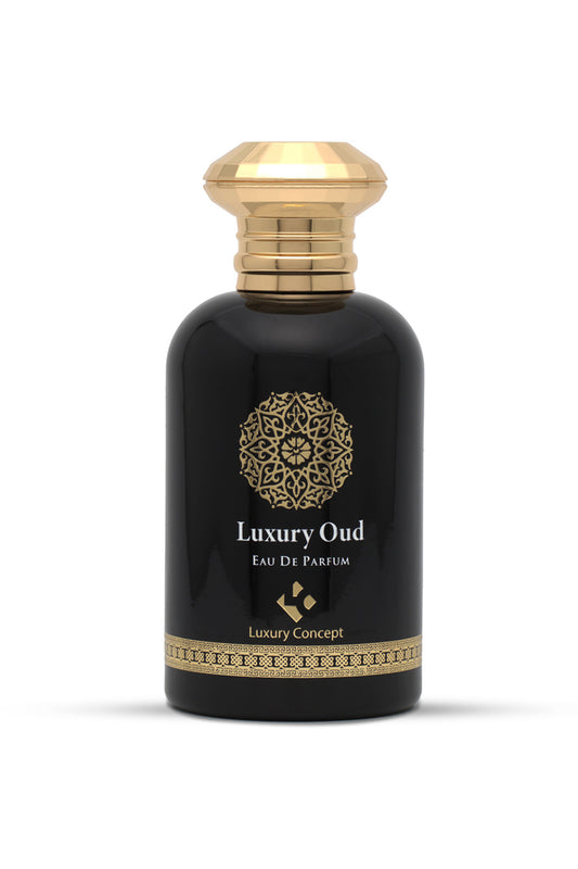 Woody oud oriental perfume. A black perfume bottle with a gold cap labeled 'Luxury Oud Eau de Parfum 100ml' by Luxury Concept.