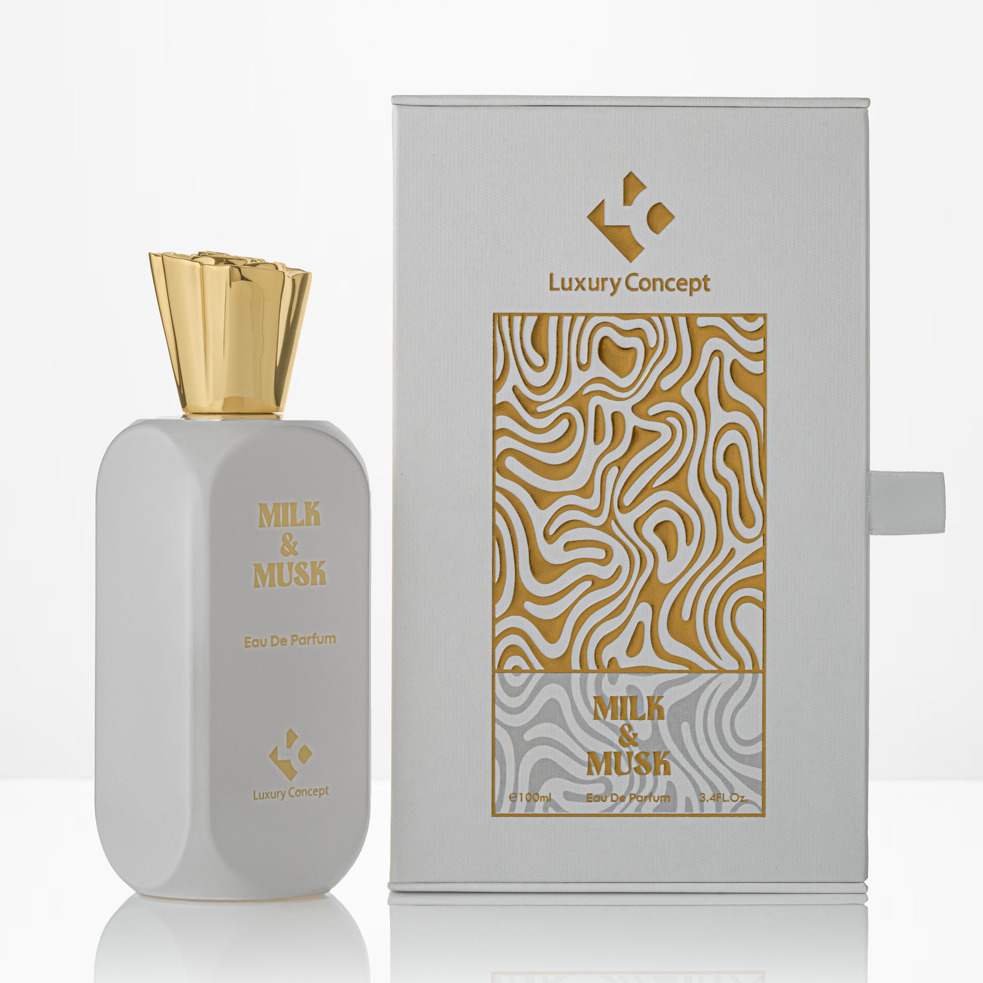 Perfume bottle and packaging with 'Milk & Musk' and 'Luxury Concept' branding on a white background.