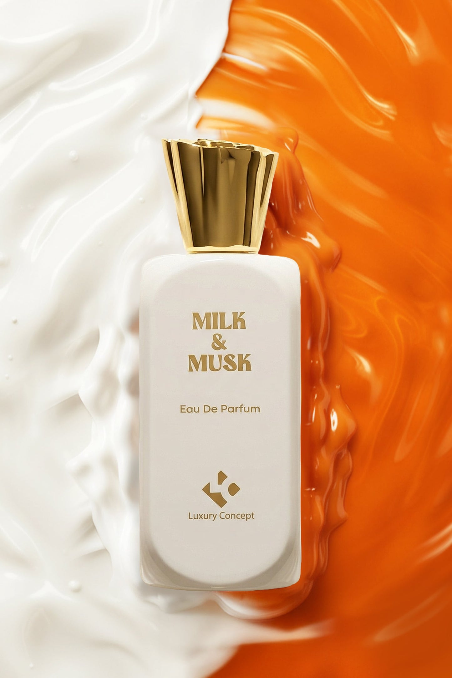 A rectangular white perfume bottle with a shiny gold cap, labeled 'MILK & MUSK Eau De Parfum', is a gourmand lactonic musk perfume set against a split background of white cream and vibrant orange liquid swirls.