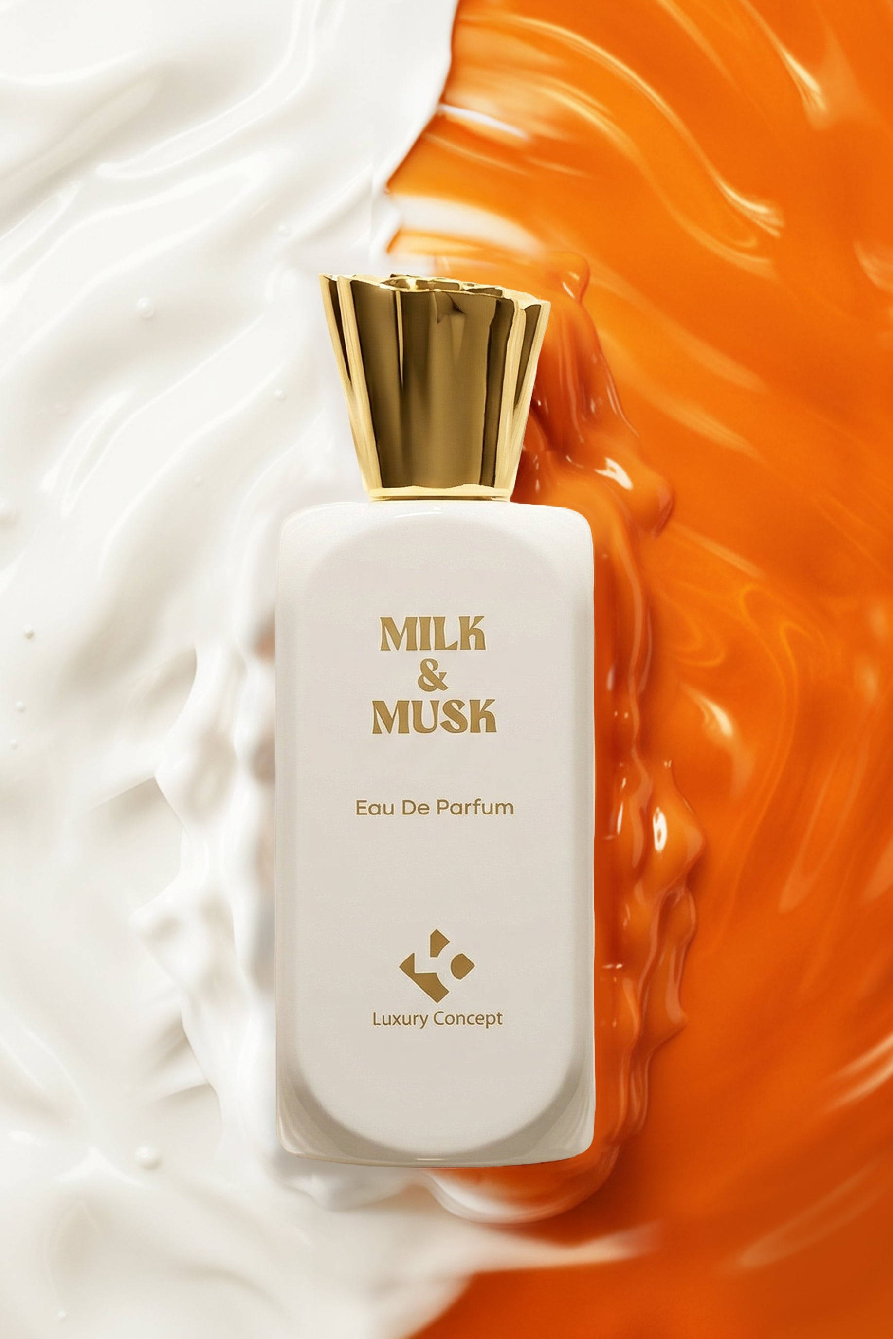 A rectangular white perfume bottle with a shiny gold cap, labeled 'MILK & MUSK Eau De Parfum', is a gourmand lactonic musk perfume set against a split background of white cream and vibrant orange liquid swirls.