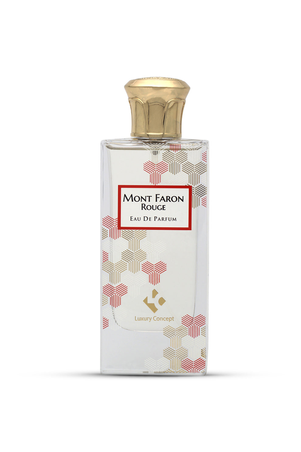 Woody oud oriental perfume. A bottle of MONT FARON ROUGE EAU DE PARFUM with a floral pattern on the label and a golden cap.