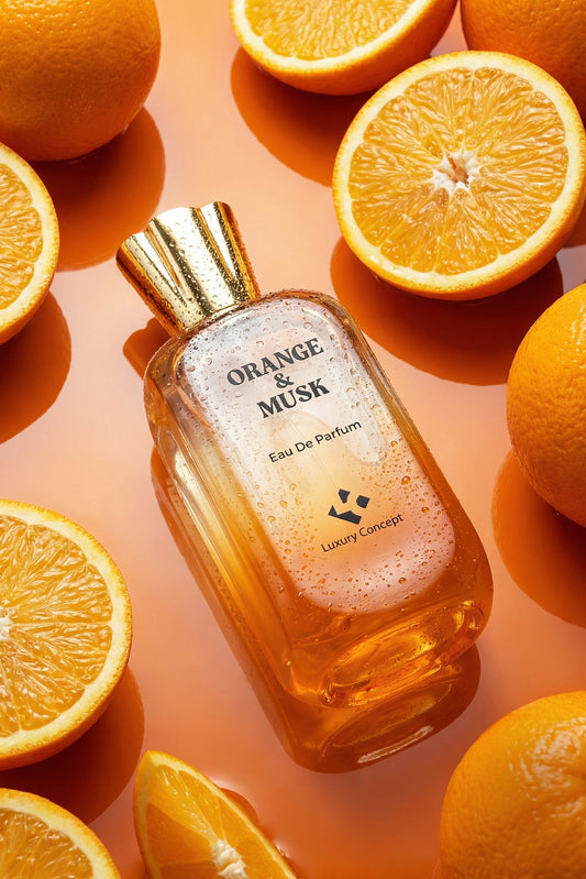A fresh citrus perfume from Luxury Concept. An orange Eau De Parfum bottle with a gold cap, surrounded by fresh orange slices and whole oranges on a warm orange background. The bottle label reads 'ORANGE & MUSK Eau De Parfum' and 'Luxury Concept'.