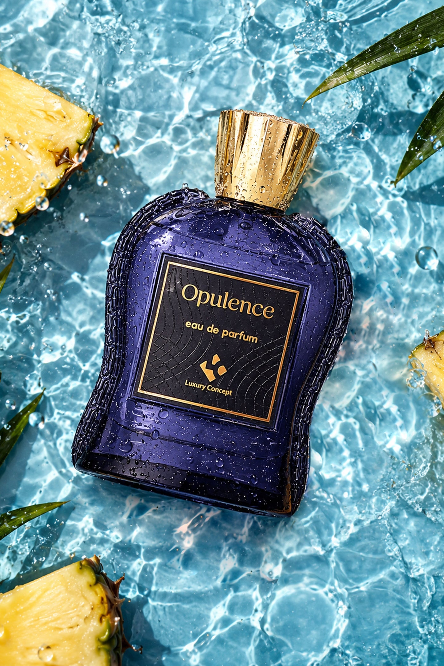 A bottle of Opulence Eau de Parfum by Luxury Couture, featuring a deep blue-purple glass body with a metallic gold cap, set against a background of rippling blue water with pineapple slices and green leaves.