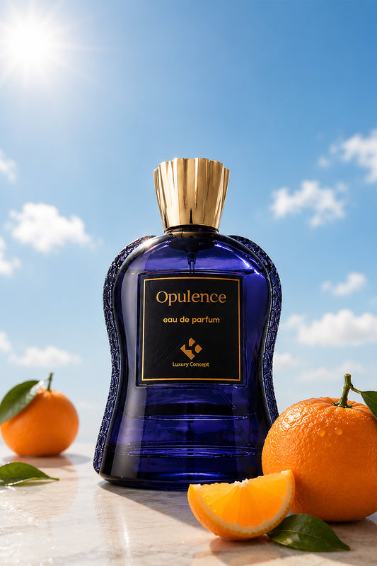A cobalt blue perfume bottle with a gold cap and a black front label reading 'Opulence eau de parfum' and 'Luxury Design,' styled on a marble surface with oranges and green leaves against a bright blue sky with clouds.