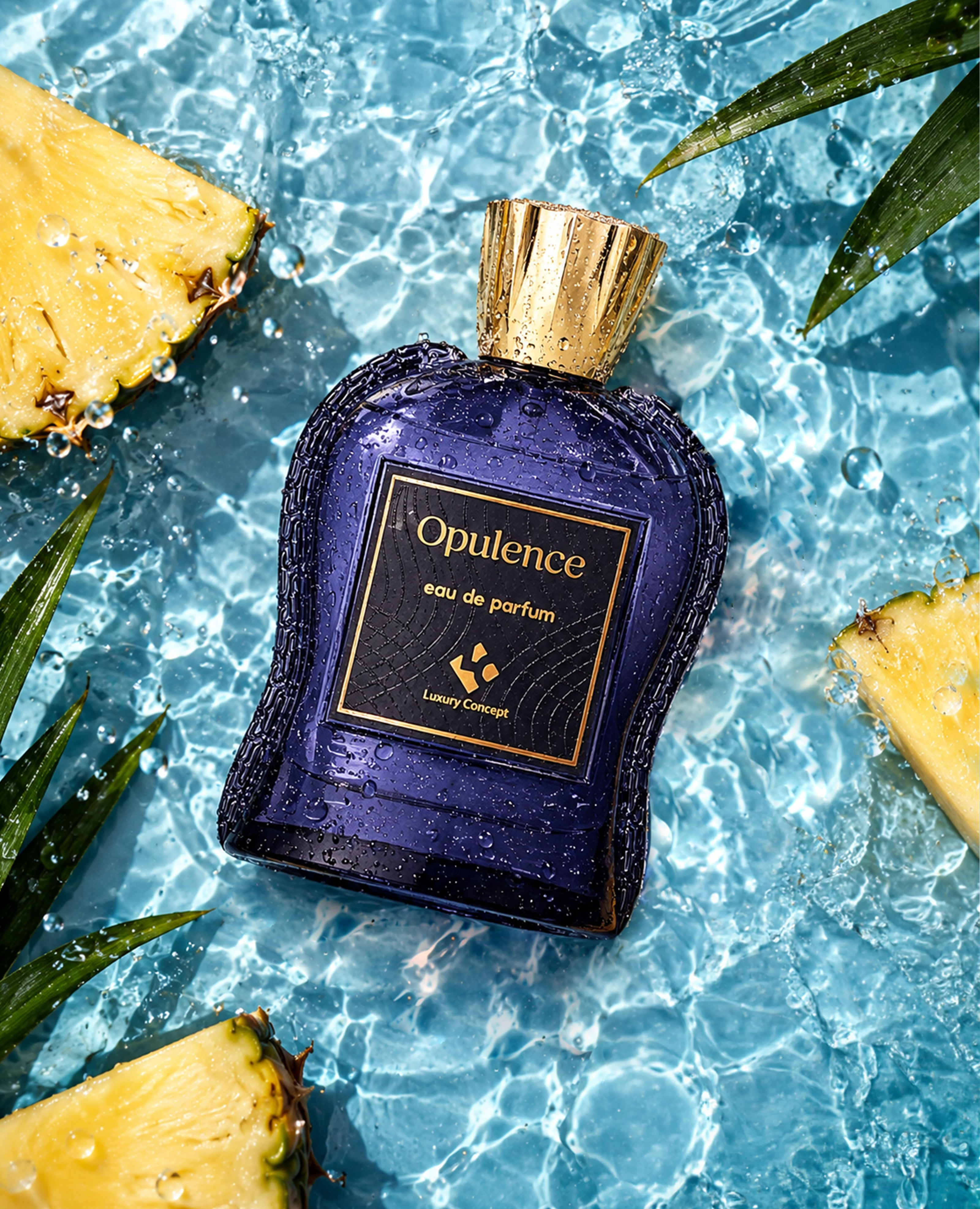 A bottle of Opulence Eau de Parfum by Luxury Couture, featuring a deep blue-purple glass body with a metallic gold cap, set against a background of rippling blue water with pineapple slices and green leaves.