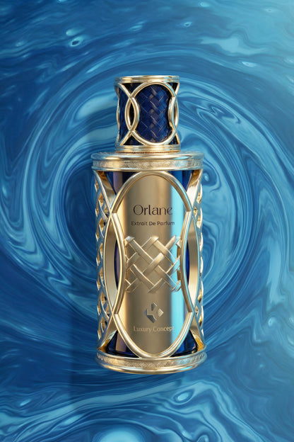 Orlane perfume bottle on a blue swirling background